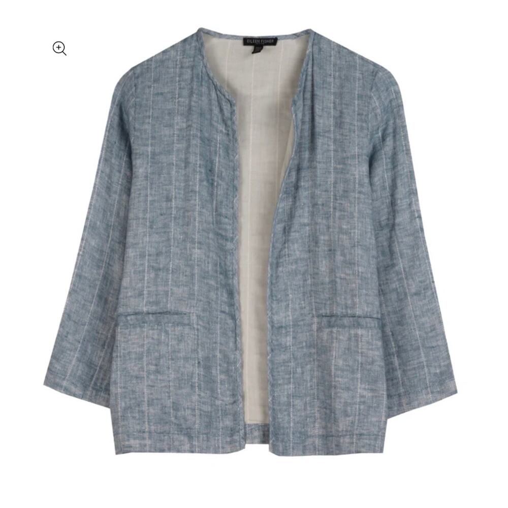 Eileen Fisher‎ Blue Chambray Quilted Linen Jacket Blazer Women's L
